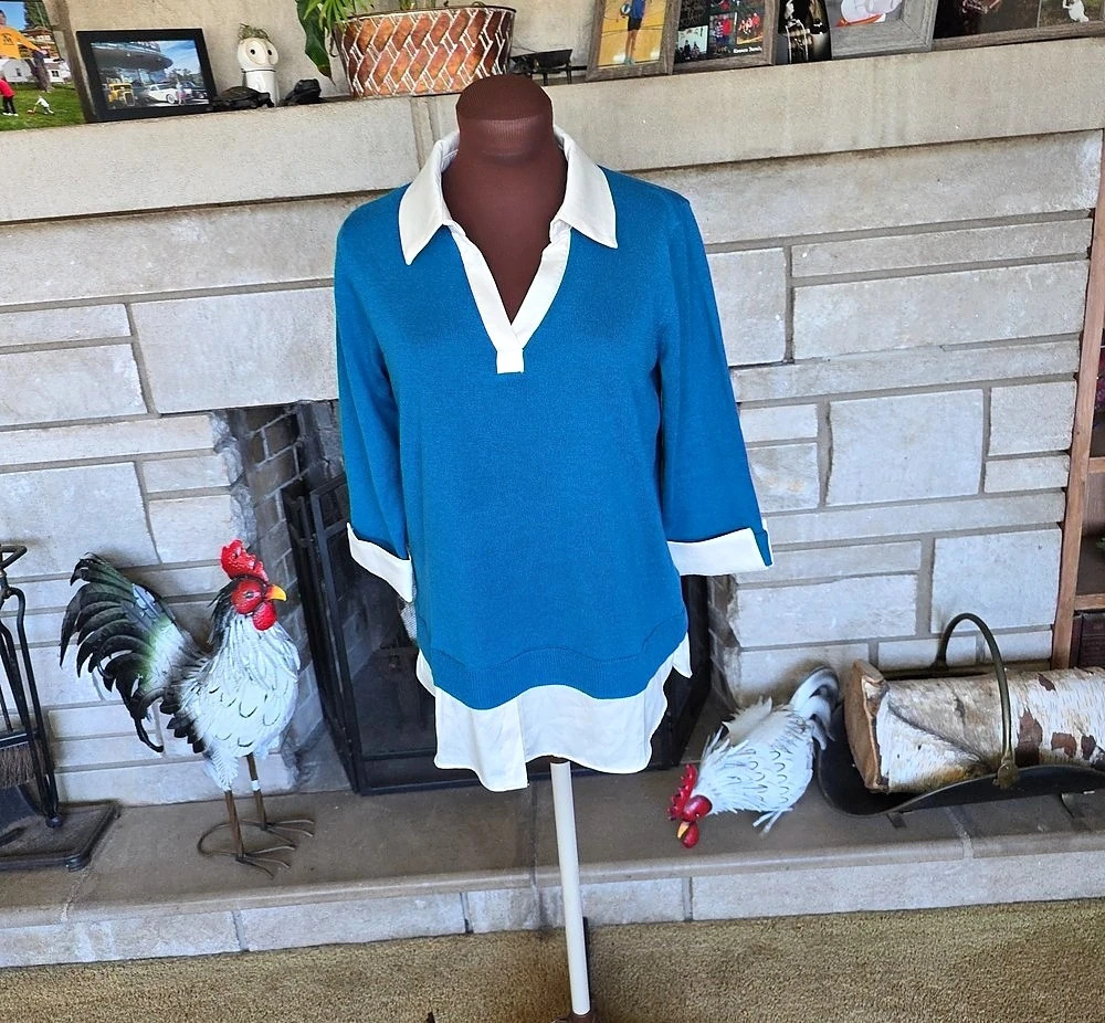 Isaac Mizrahi Layered Look V-Neck Sweater Blue & White